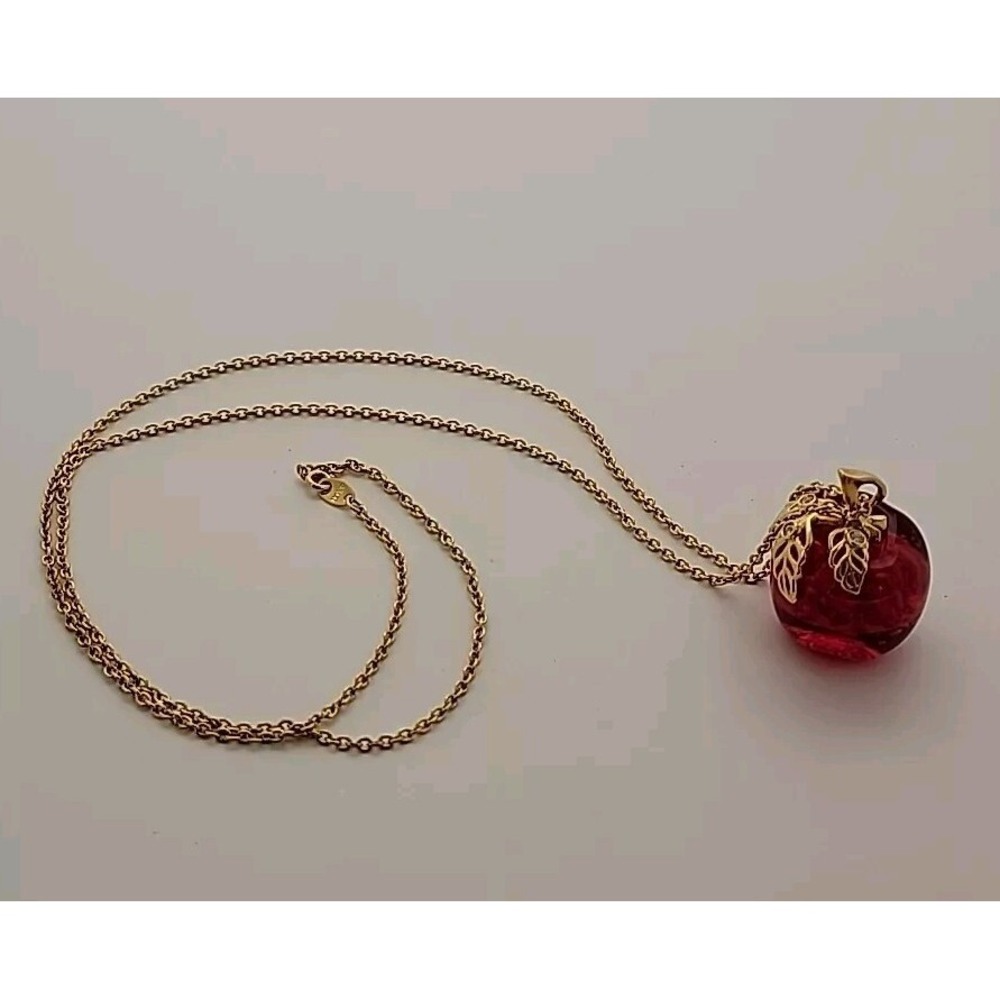 AVON Signed Lucite Candy Red Apple Necklace with Rhinestones 32" Gold Tone Chain - Picture 8 of 10